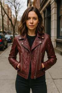 Women's CH Burgundy Crinkled Leather Biker Moto Jacket 3/4 sleeve XS